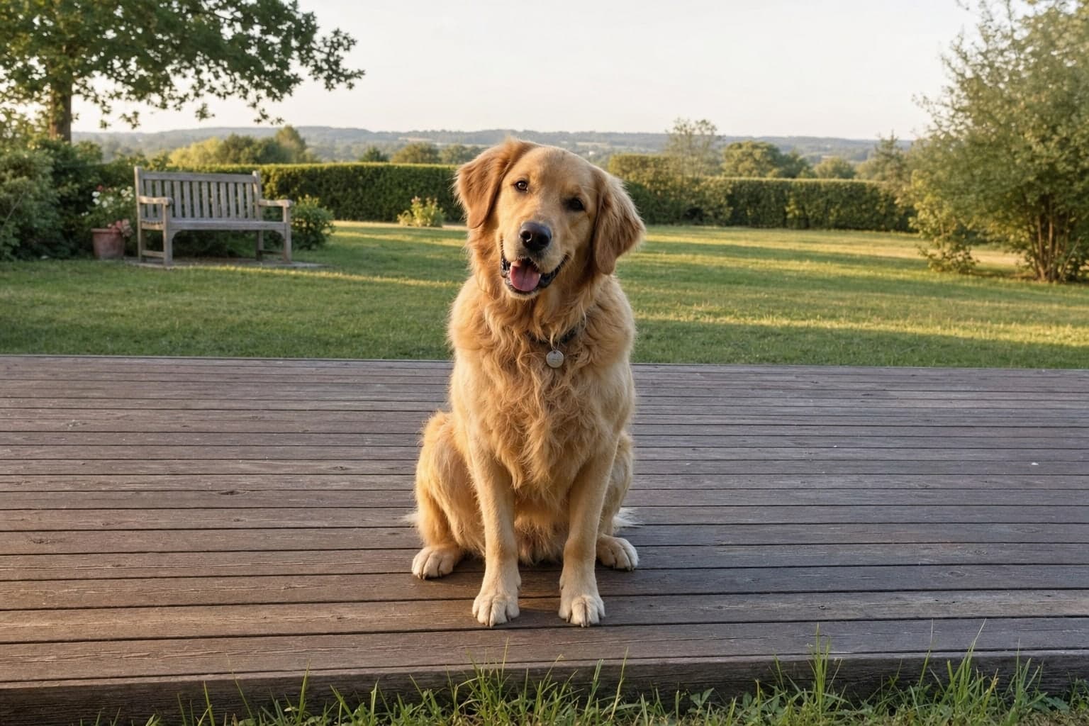 Dog — golden retriever · garden deck